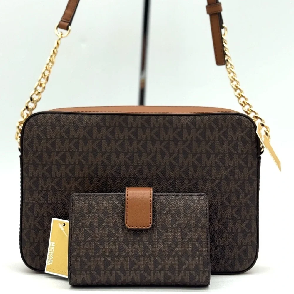 Michael Kors LG EW Crossbody Bag & Zip Chain Bifold Wallet Matching Set Brown